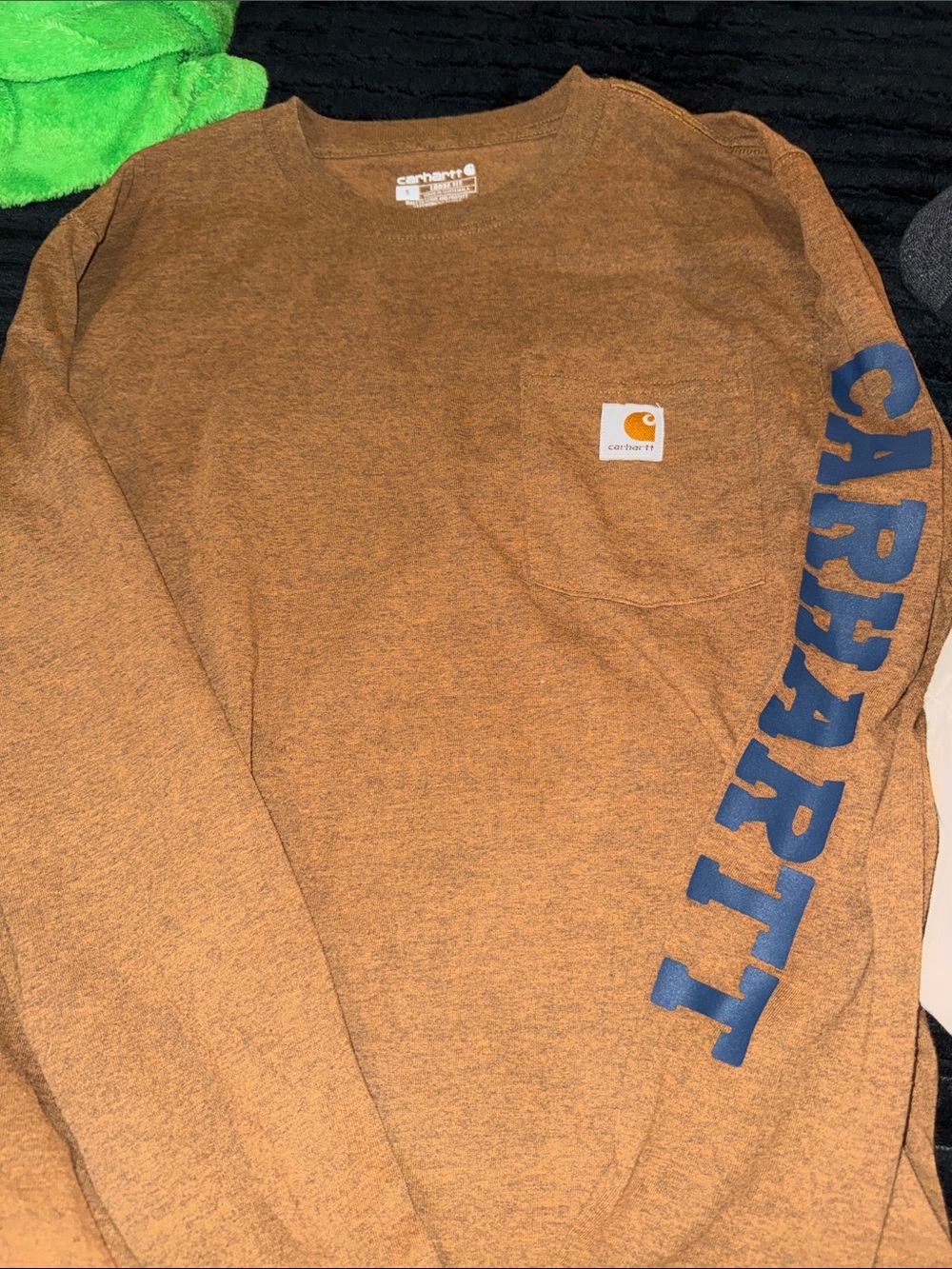Carhartt Brown Long-Sleeve Pocket Tee with Blue Sleeve Logo